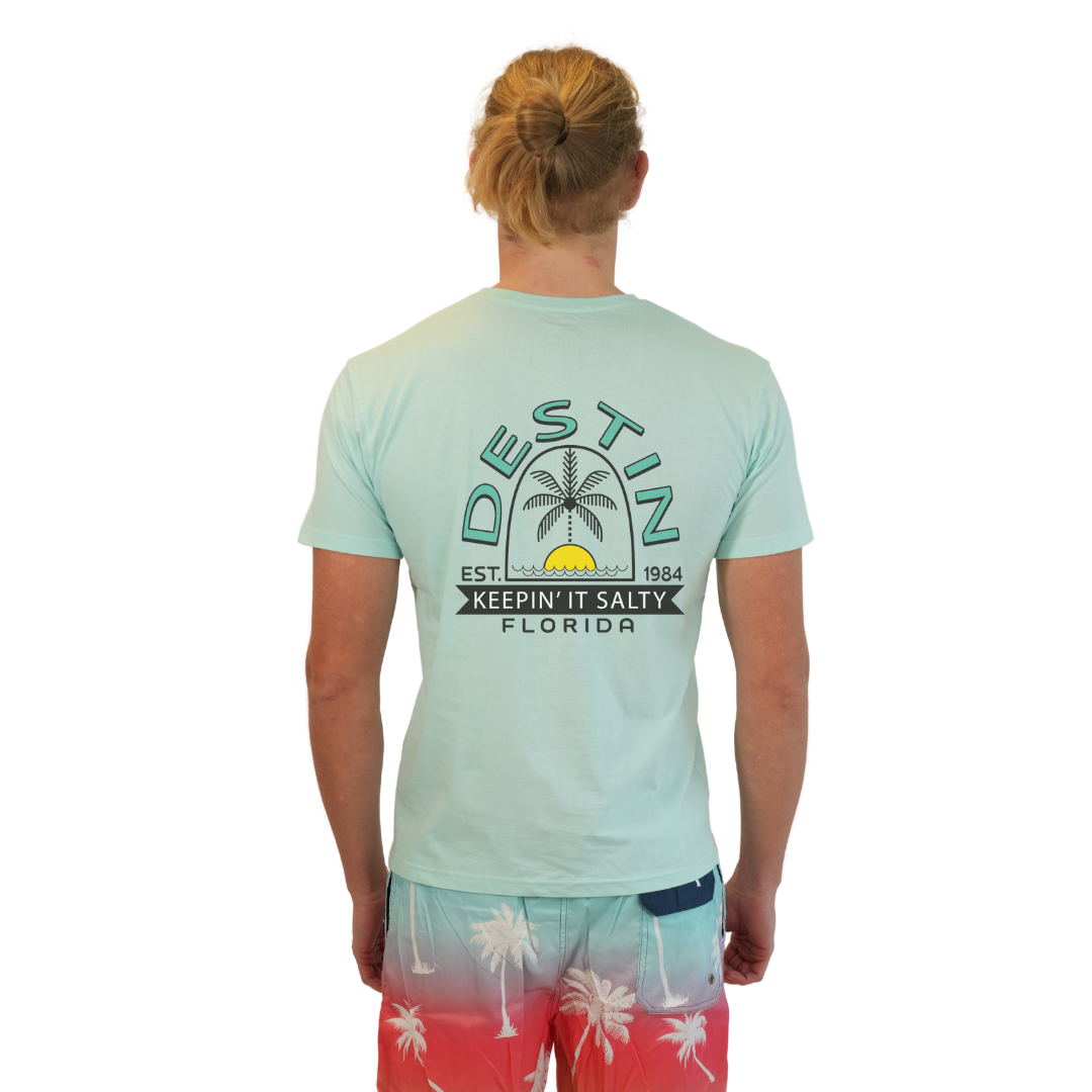 Destin Florida Combed Cotton Men T-Shirt with a Front Pocket Design and back big Palm Tree - Sun Arc Letters Design Style CC1000