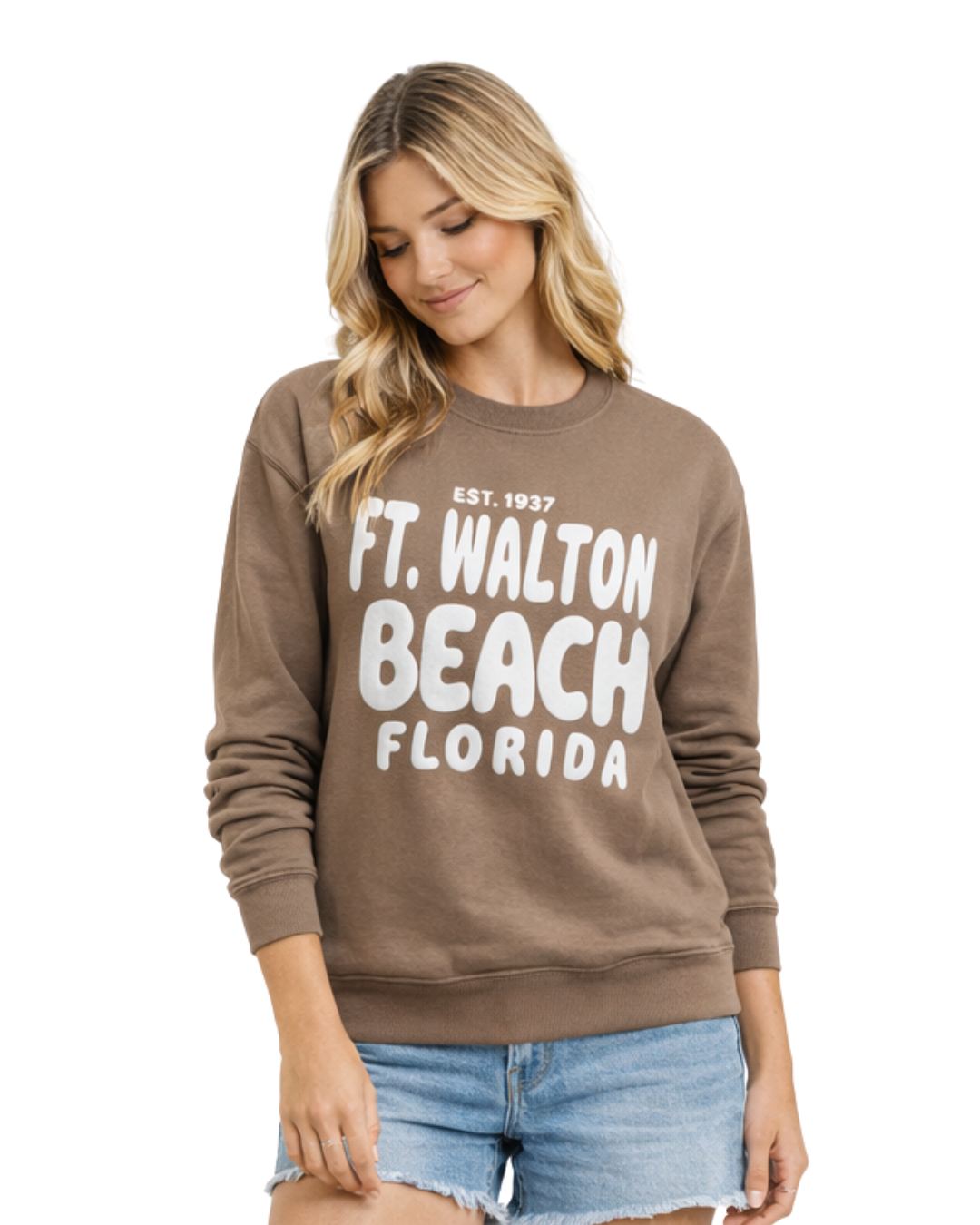 Ft. Walton Beach, Fl City Name Women Crewneck Style AI067C crewneck alvinsisland.com Cappuccino S