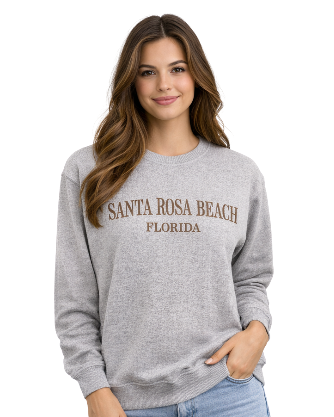 Santa Rosa Beach, Fl Women Nantucket Crewneck – Embroidered City Name Appliqué (Style AP267AI) crewneck alvinsisland.com Lt brown S