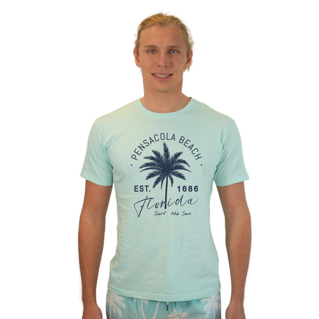 Pensacola Beach Combed Cotton Men T-Shirt with a Front Big Palm Tree Est. 1686 Design Style CC1000