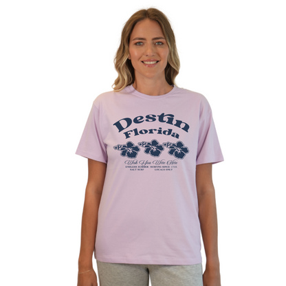 Destin Florida Combed Cotton Women T-Shirt with a Front 3 Hibiscus Flower Design Style CC1000