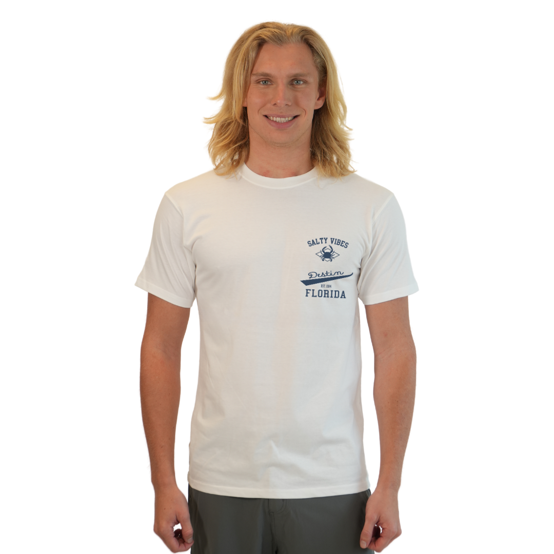 Destin Florida Combed Cotton Men T-Shirt with a Front Pocket Design and back "Salty Vibes Crab" Design Style CC1000