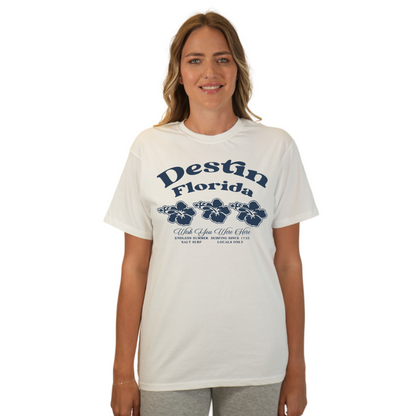 Destin Florida Combed Cotton Women T-Shirt with a Front 3 Hibiscus Flower Design Style CC1000