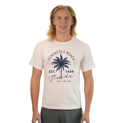 Pensacola Beach Combed Cotton Men T-Shirt with a Front Big Palm Tree Est. 1686 Design Style CC1000