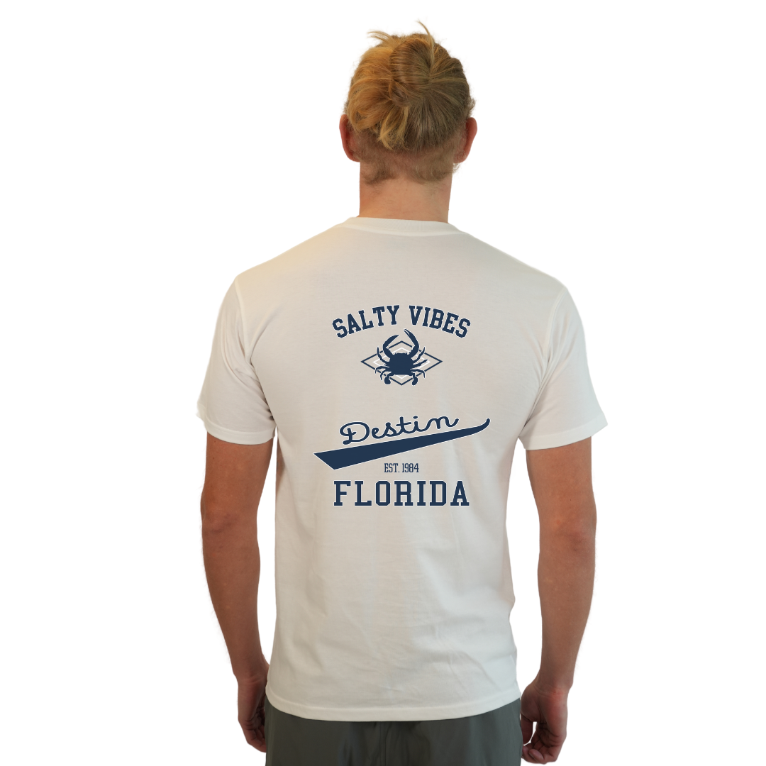 Destin Florida Combed Cotton Men T-Shirt with a Front Pocket Design and back "Salty Vibes Crab" Design Style CC1000