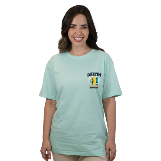 Destin Florida Combed Cotton Women T-Shirt with a Front Pocket Design and back big 3 Surf Boards Design Style CC1000