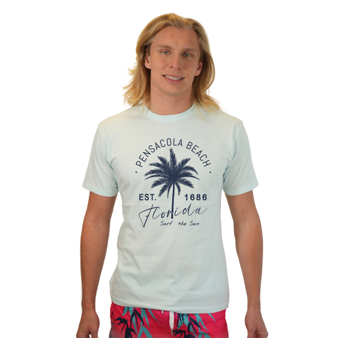 Pensacola Beach Combed Cotton Men T-Shirt with a Front Big Palm Tree Est. 1686 Design Style CC1000