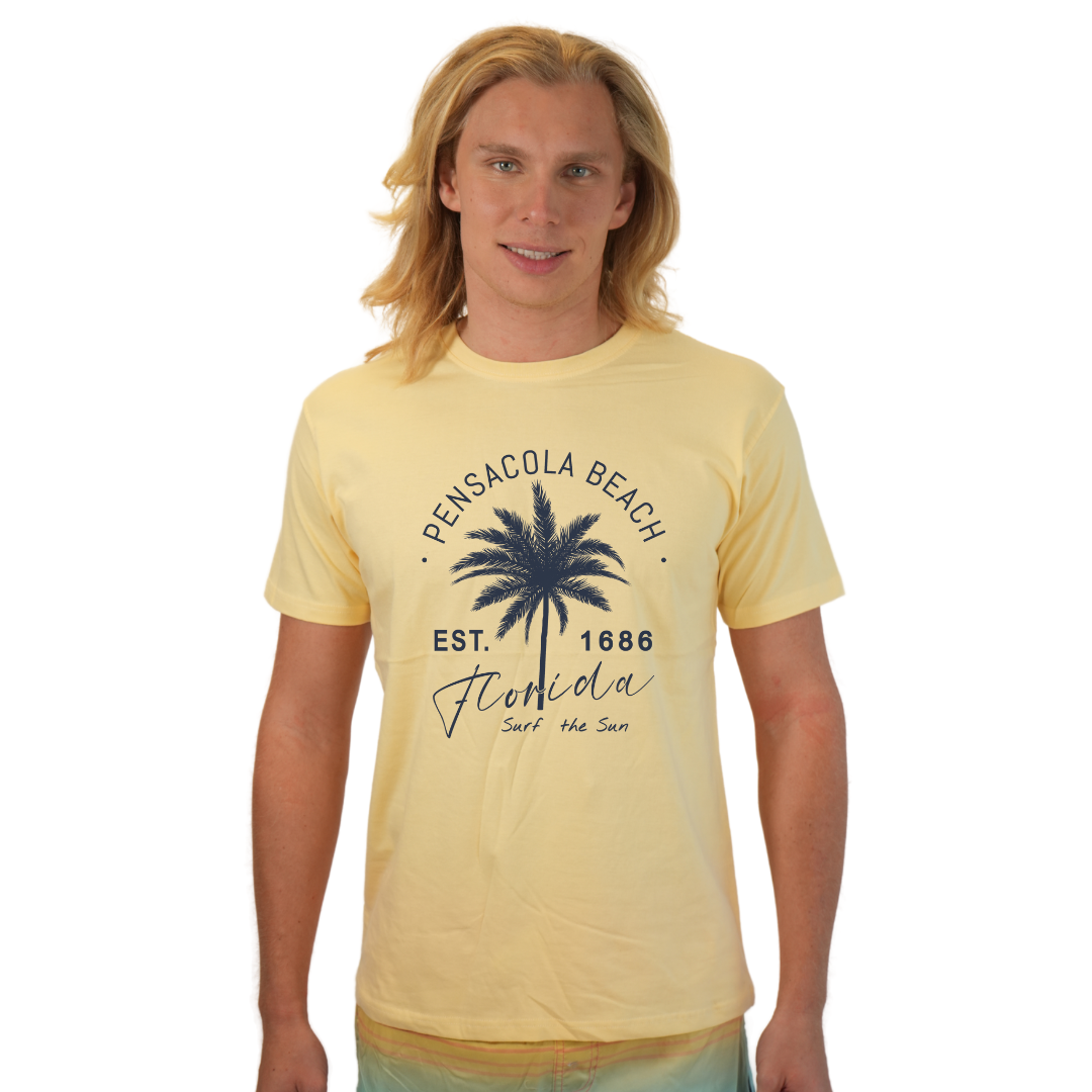 Pensacola Beach Combed Cotton Men T-Shirt with a Front Big Palm Tree Est. 1686 Design Style CC1000