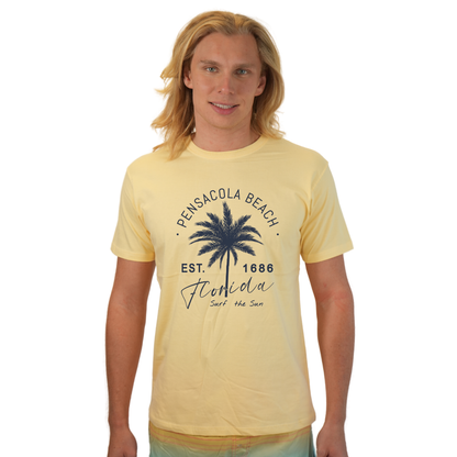 Pensacola Beach Combed Cotton Men T-Shirt with a Front Big Palm Tree Est. 1686 Design Style CC1000