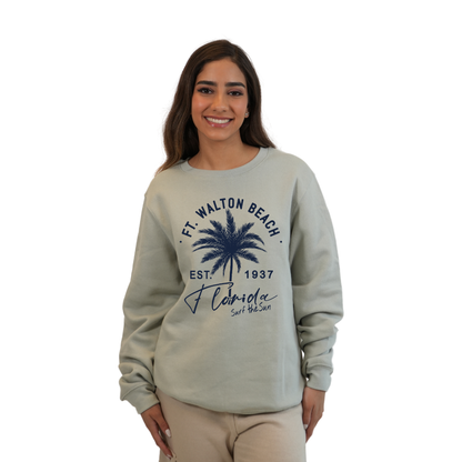 Ft. Walton Beach Fleece Crewneck Sweatshirt Women with a Front Palm Tree Est. 1984 Design Style 067