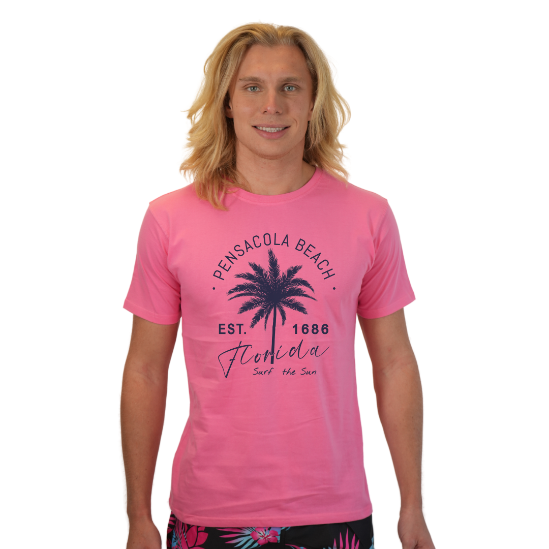 Pensacola Beach Combed Cotton Men T-Shirt with a Front Big Palm Tree Est. 1686 Design Style CC1000