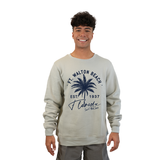 Ft. Walton Beach Fleece Crewneck Sweatshirt Men with a Front Palm Tree Est. 1984 Design Style 067