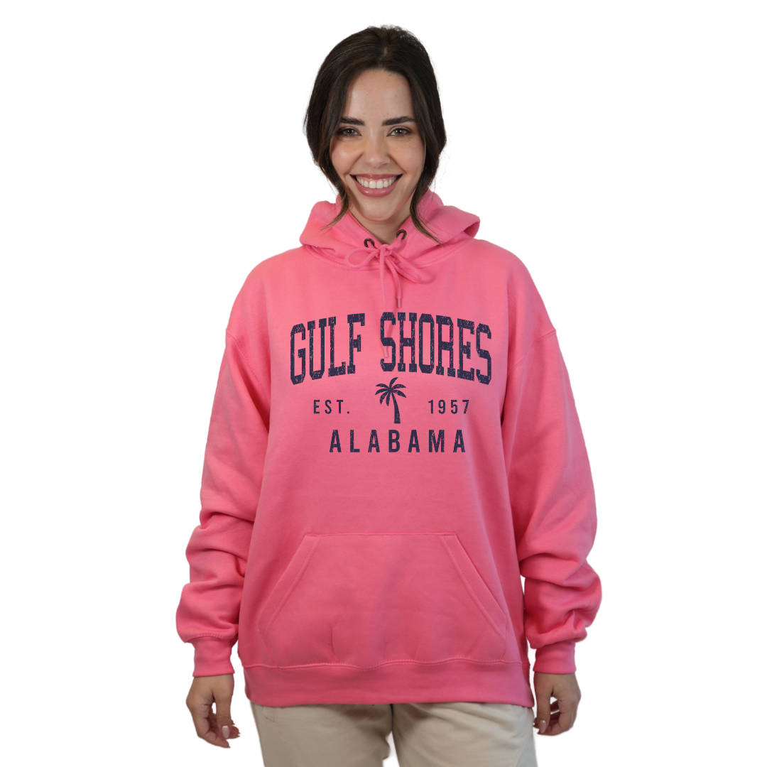 Gulf Shores Alabama Pullover Hoodie Women with Front Big Letters and Palm Tree Est. 1957 Design Style 252