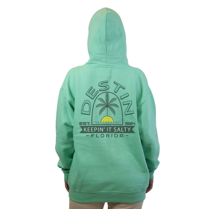 Destin Florida Pullover Hoodie Women with front "Keeping it Salty" Sun and Palm Tree Pocket design and the same back big design Style 252