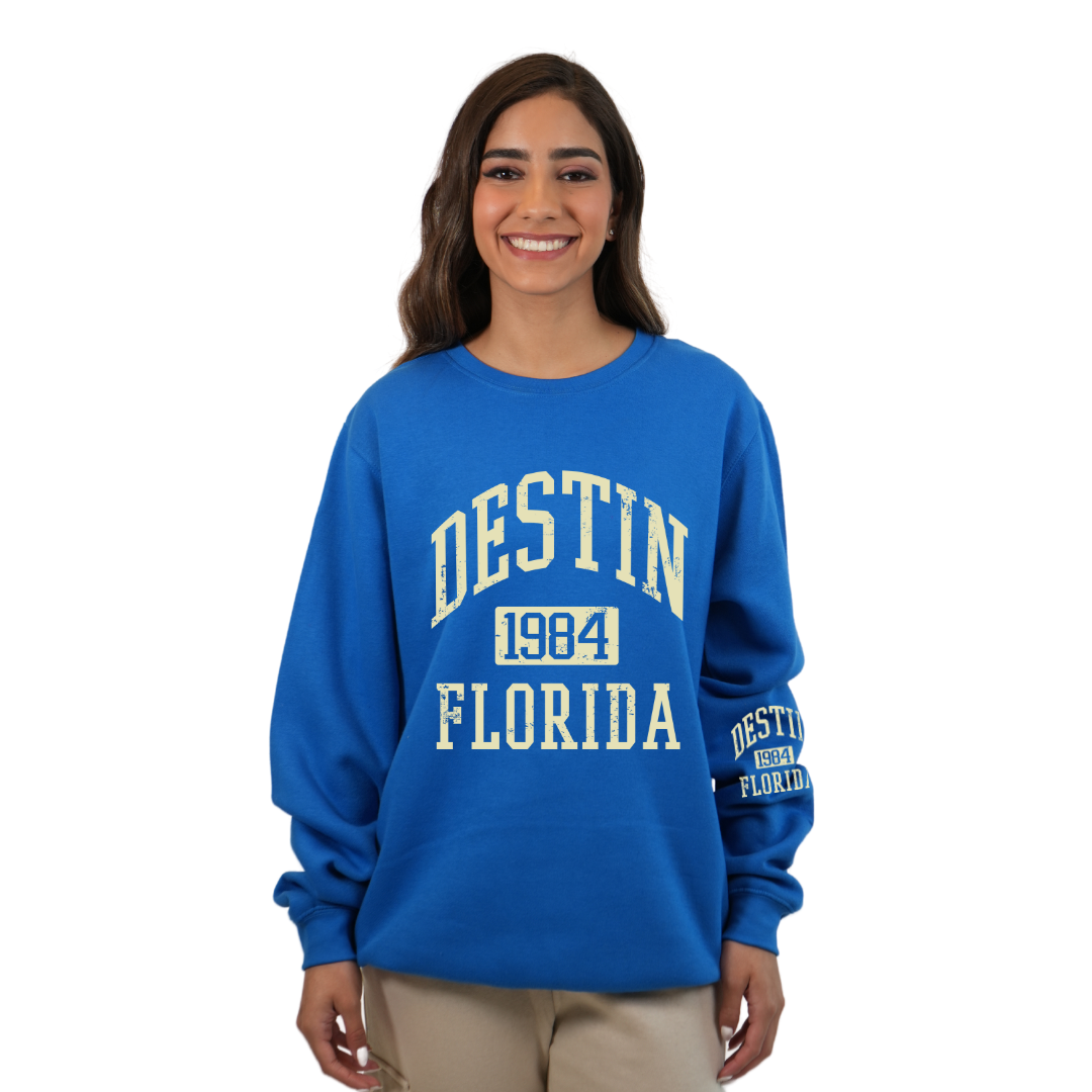 Destin Fl. 1984 Fleece Crewneck Sweatshirt Women with a Front and the left sleeve design Style 067