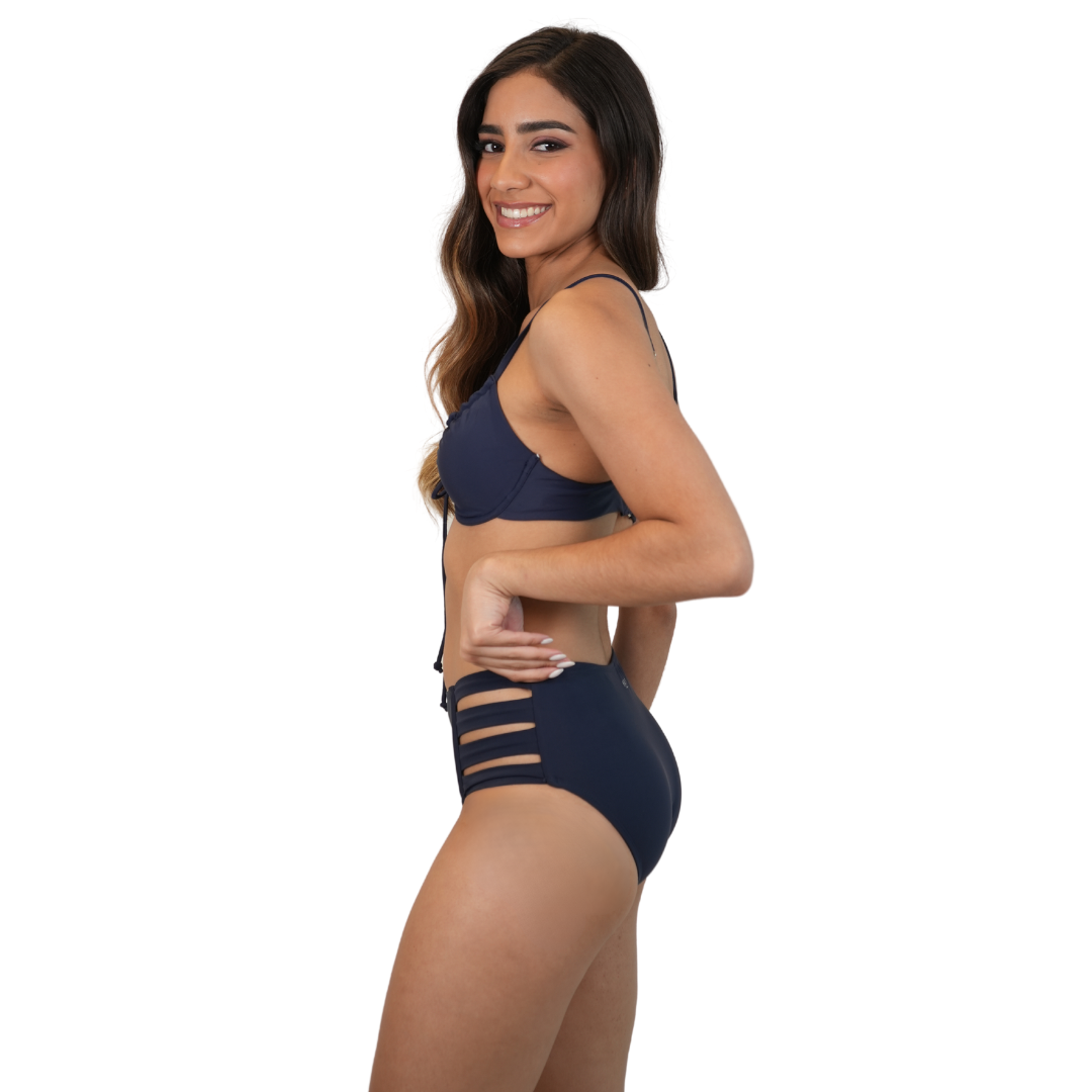 Set of Tie Front Scrunch Push Up Top and High Waisted Bottom - Solid Navy Style 962-6511N |962-3003