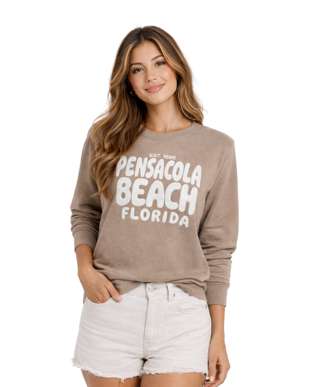 Pensacola Beach, Fl City Name Women Crewneck Style AI067C crewneck alvinsisland.com Cappuccino S