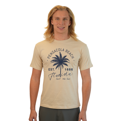 Pensacola Beach Combed Cotton Men T-Shirt with a Front Big Palm Tree Est. 1686 Design Style CC1000