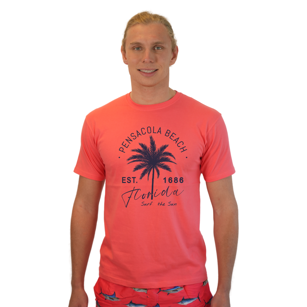 Pensacola Beach Combed Cotton Men T-Shirt with a Front Big Palm Tree Est. 1686 Design Style CC1000