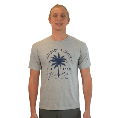 Pensacola Beach Combed Cotton Men T-Shirt with a Front Big Palm Tree Est. 1686 Design Style CC1000