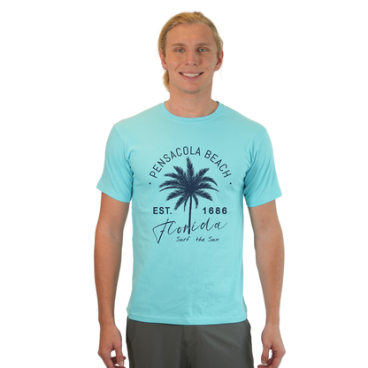 Pensacola Beach Combed Cotton Men T-Shirt with a Front Big Palm Tree Est. 1686 Design Style CC1000