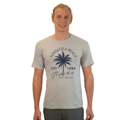 Pensacola Beach Combed Cotton Men T-Shirt with a Front Big Palm Tree Est. 1686 Design Style CC1000