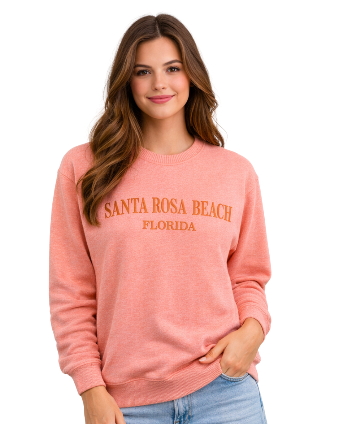 Santa Rosa Beach, Fl Women Nantucket Crewneck – Embroidered City Name Appliqué (Style AP267AI) crewneck alvinsisland.com Coral S