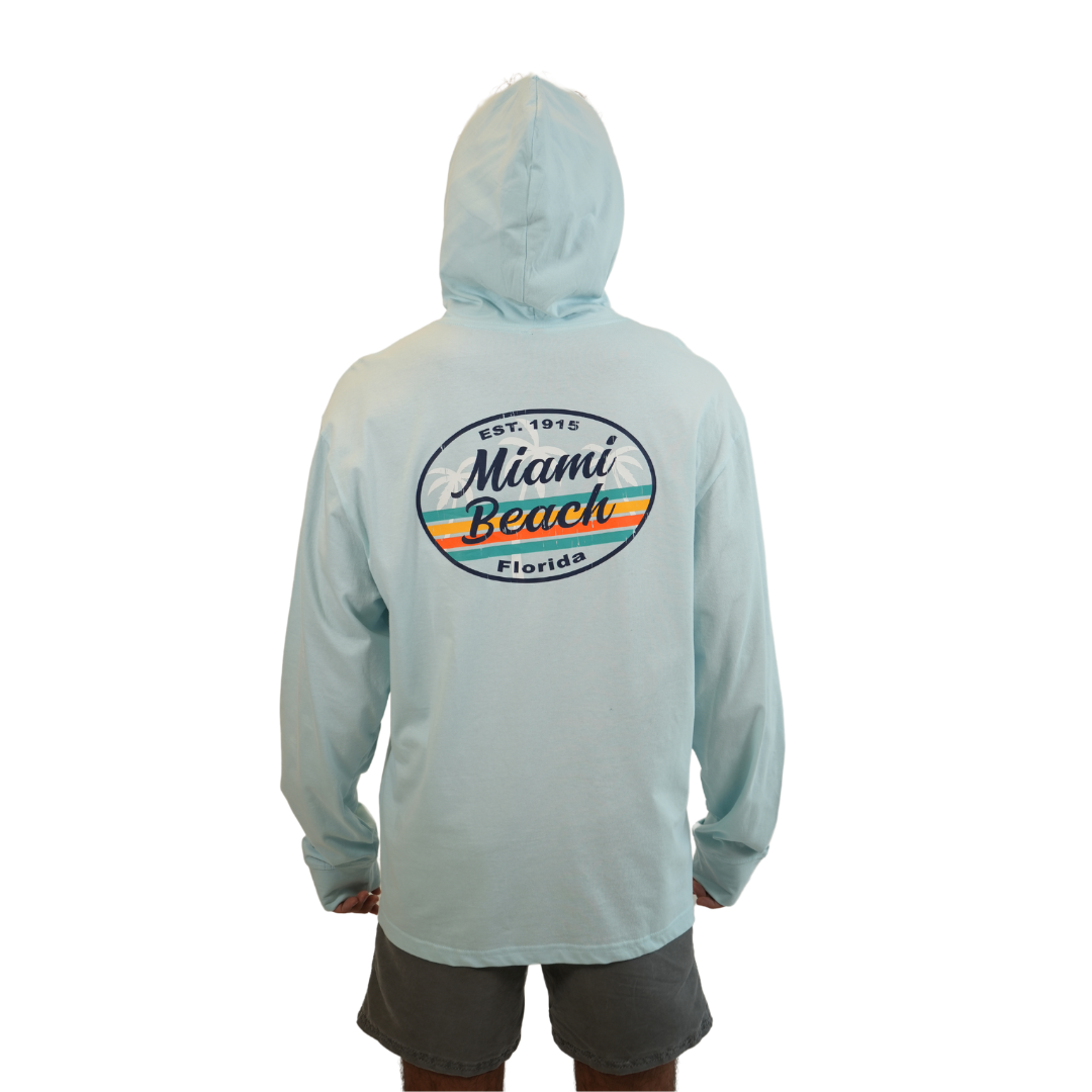 Miami Beach East 1915, Unisex Blue Glow Lightweight Hoodie w/pocket Long Sleeve Style 530