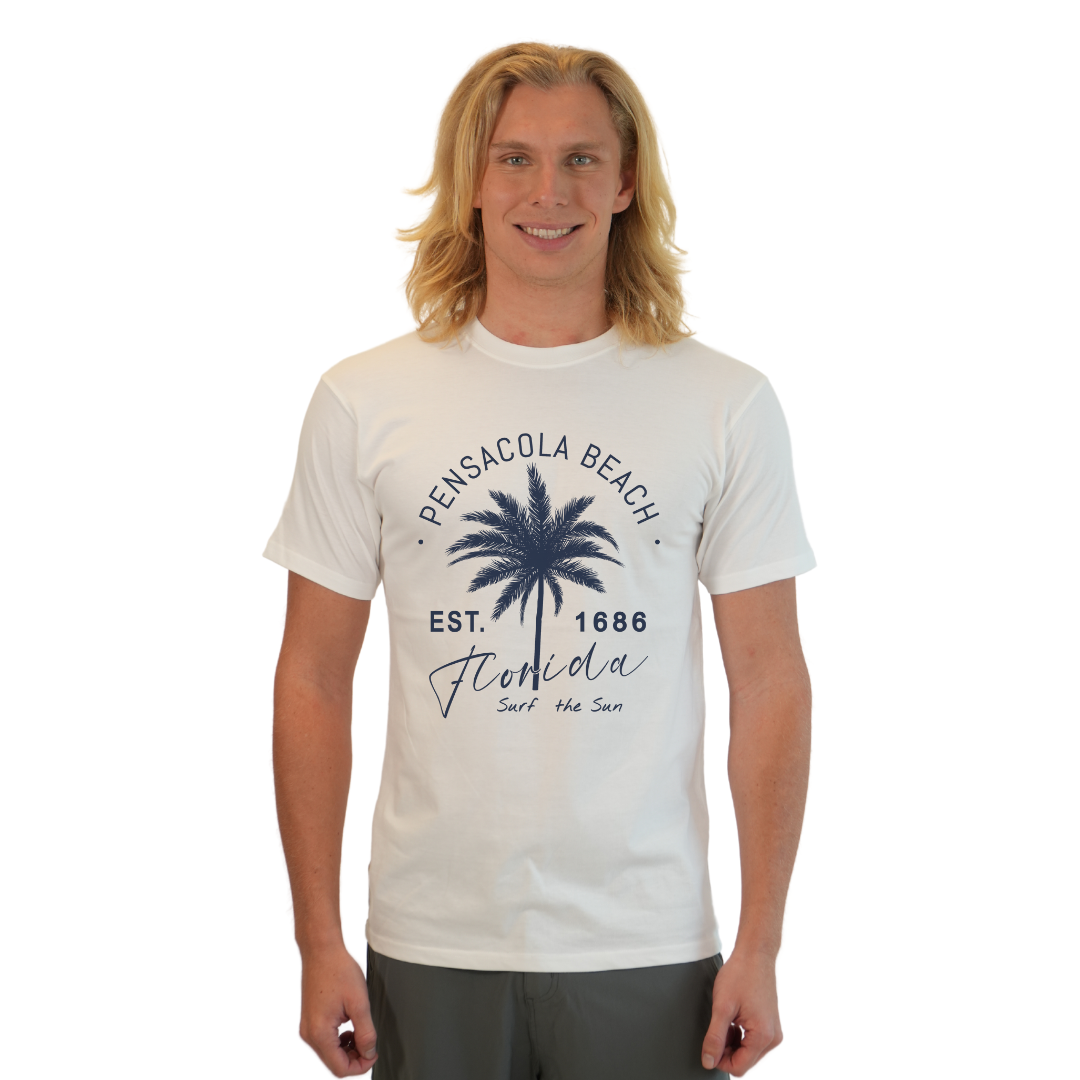 Pensacola Beach Combed Cotton Men T-Shirt with a Front Big Palm Tree Est. 1686 Design Style CC1000