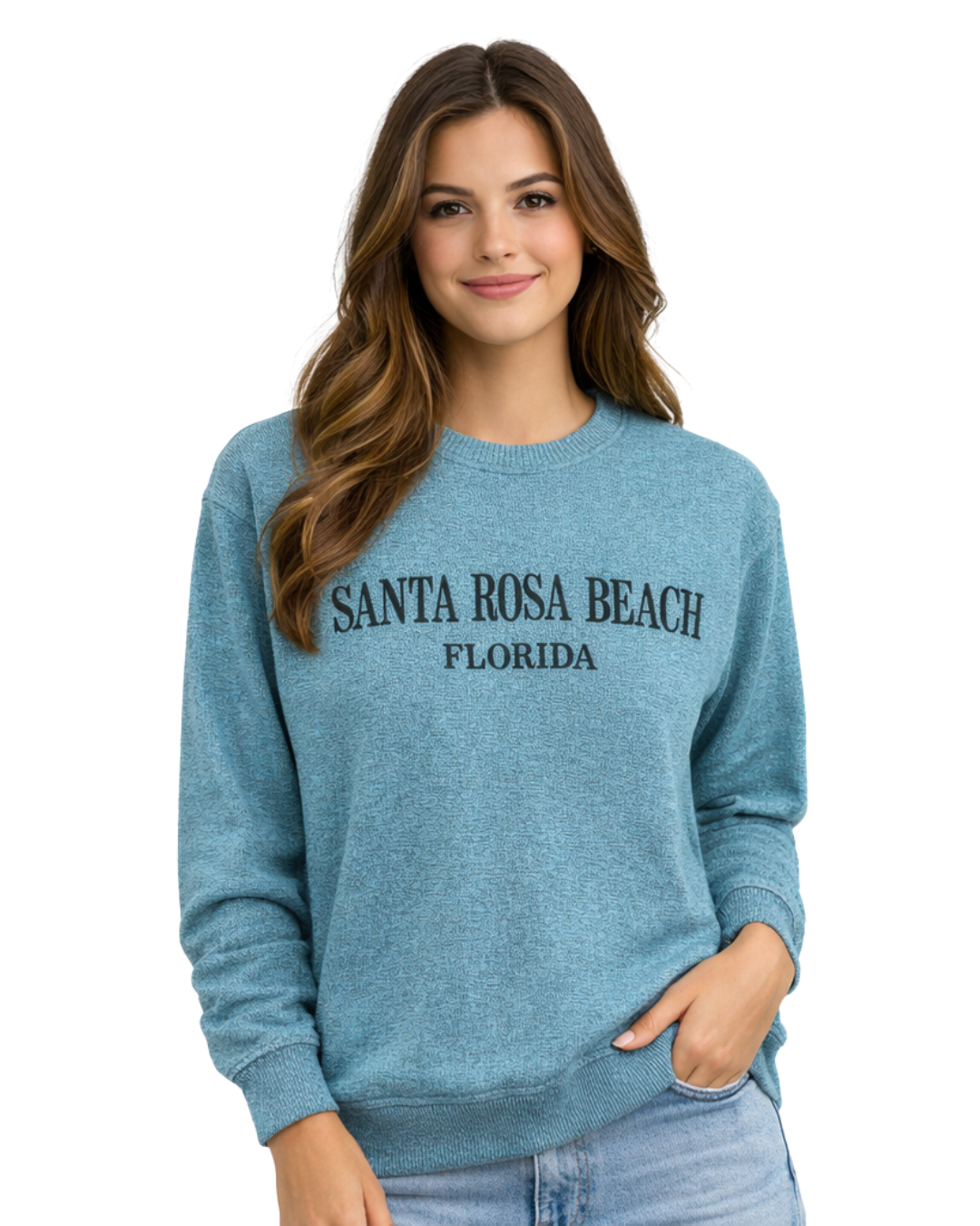 Santa Rosa Beach, Fl Women Nantucket Crewneck – Embroidered City Name Appliqué (Style AP267AI) crewneck alvinsisland.com Aqua S
