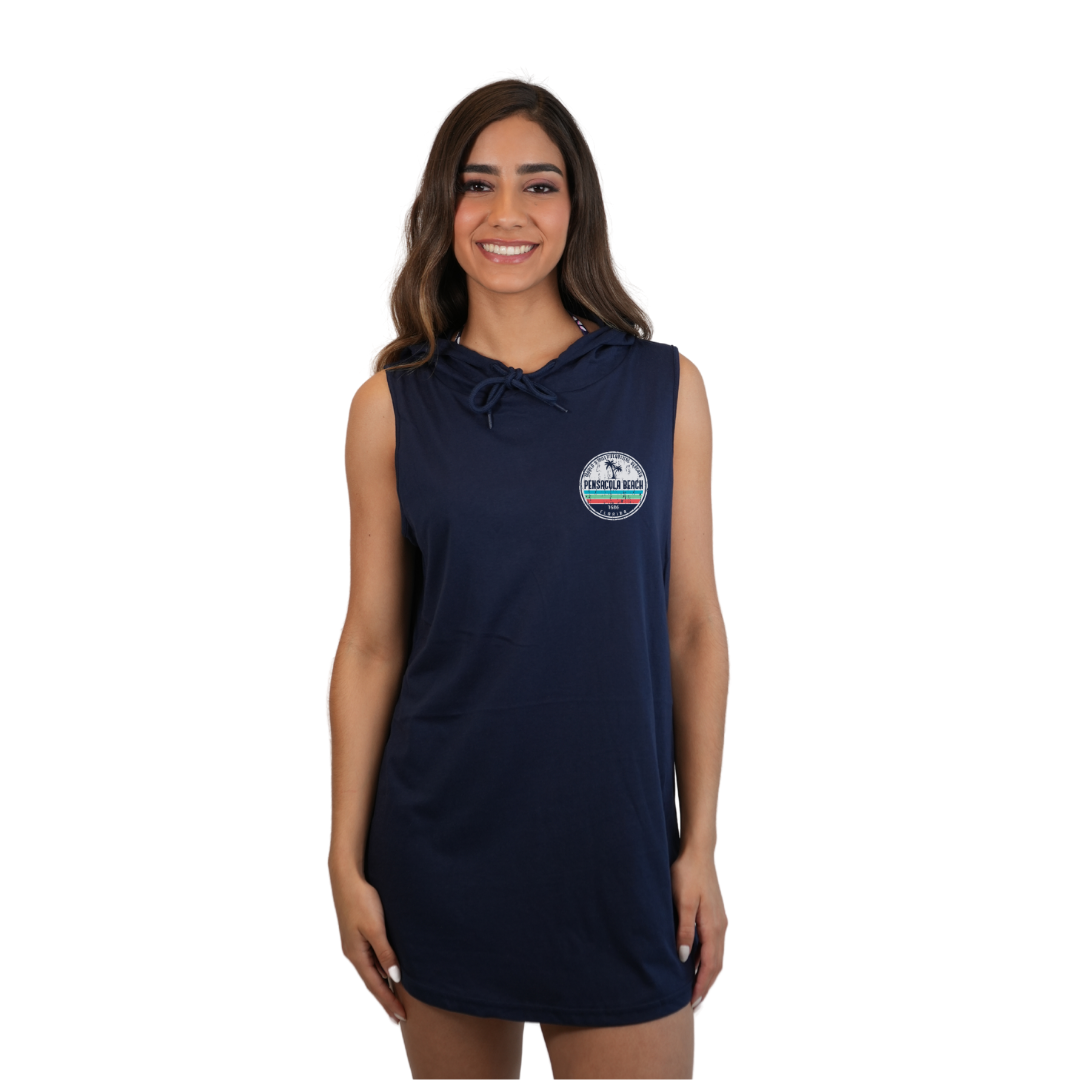 Pensacola Beach Women Sleeveless Cover Up Hoodie with a Front Pocket Design and back big circle 2 Palm Trees Design Style 263