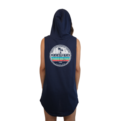 Pensacola Beach Women Sleeveless Cover Up Hoodie with a Front Pocket Design and back big circle 2 Palm Trees Design Style 263