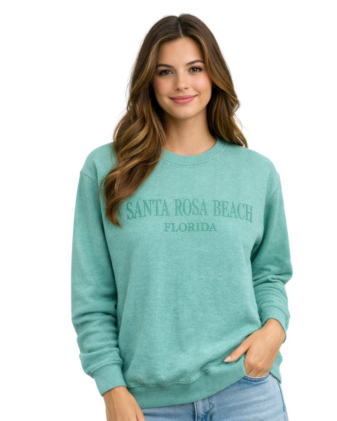Santa Rosa Beach, Fl Women Nantucket Crewneck – Embroidered City Name Appliqué (Style AP267AI) crewneck alvinsisland.com SEAFOAM S