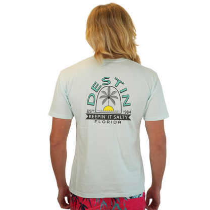 Destin Florida Combed Cotton Men T-Shirt with a Front Pocket Design and back big Palm Tree - Sun Arc Letters Design Style CC1000