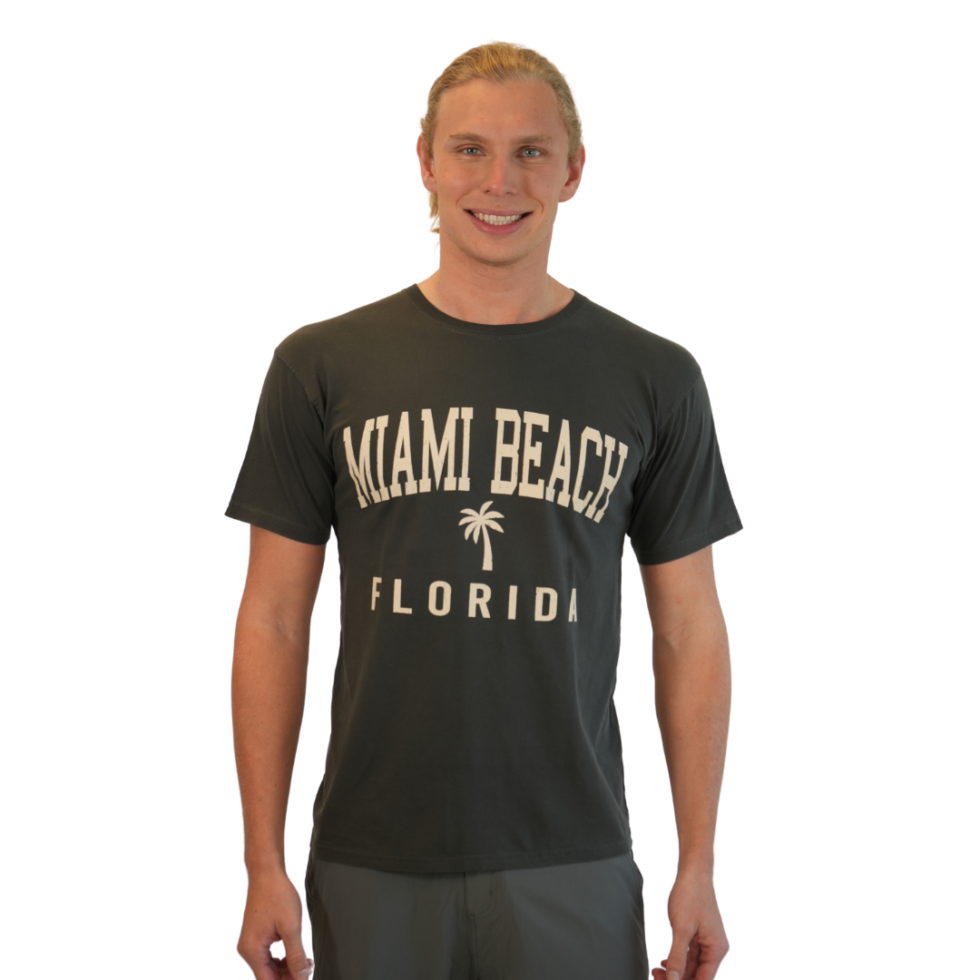 Miami Beach Palm Tree Combed/Cotton Unisex Charcoal T-Shirt Style Gd001