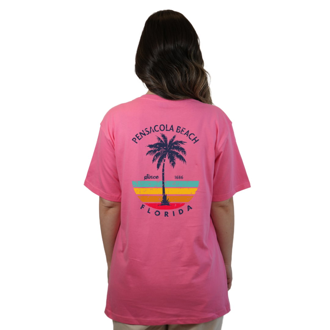 Pensacola Beach  Palm Tree/ Stripes Combed/Cotton Women T-Shirt Style Cc1000