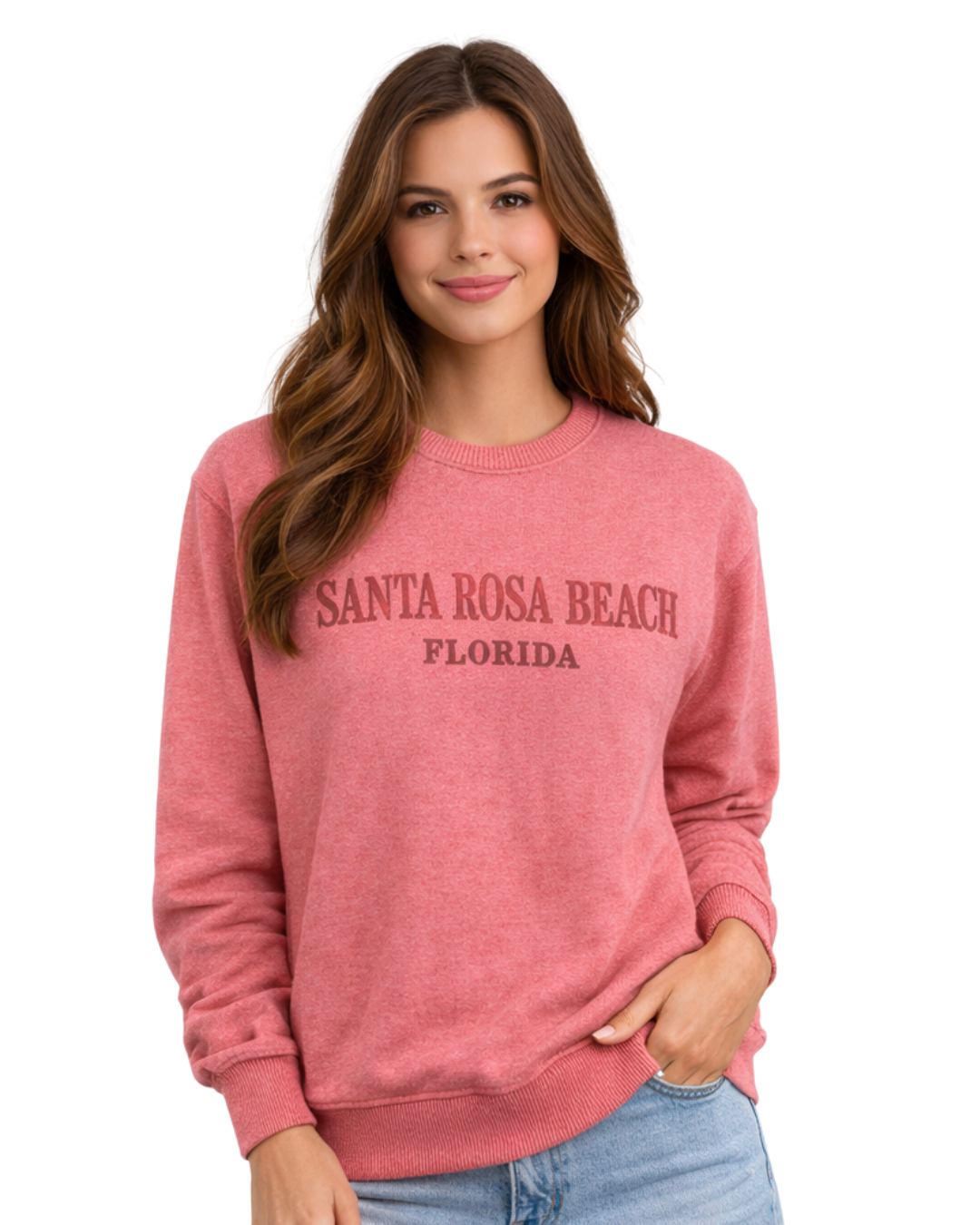 Santa Rosa Beach, Fl Women Nantucket Crewneck – Embroidered City Name Appliqué (Style AP267AI) crewneck alvinsisland.com Flamingo S