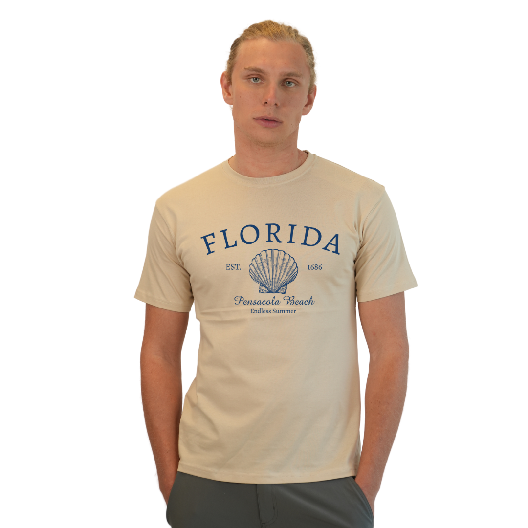 Pensacola Beach Combed Cotton Men T-Shirt with a Front Florida Shell Endless SummerDesign Style CC1000