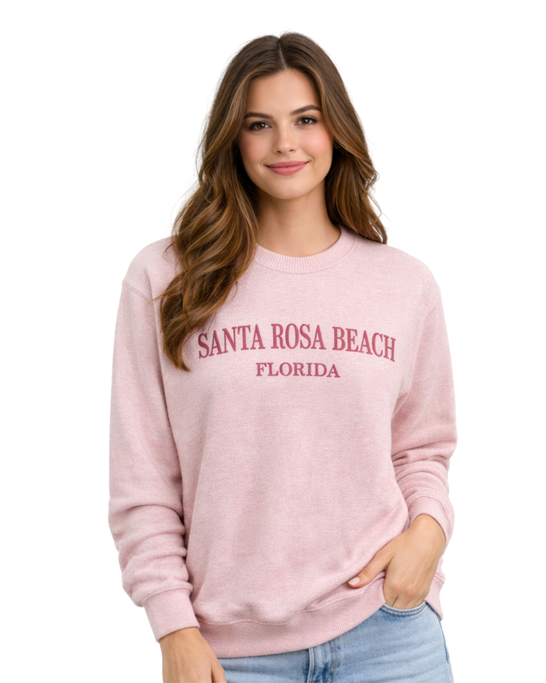 Santa Rosa Beach, Fl Women Nantucket Crewneck – Embroidered City Name Appliqué (Style AP267AI) crewneck alvinsisland.com Ice pink S