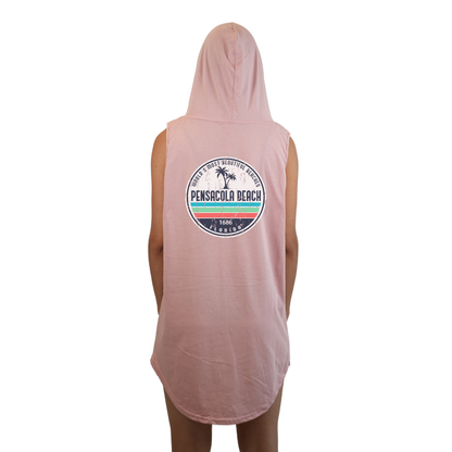 Pensacola Beach Women Sleeveless Cover Up Hoodie with a Front Pocket Design and back big circle 2 Palm Trees Design Style 263