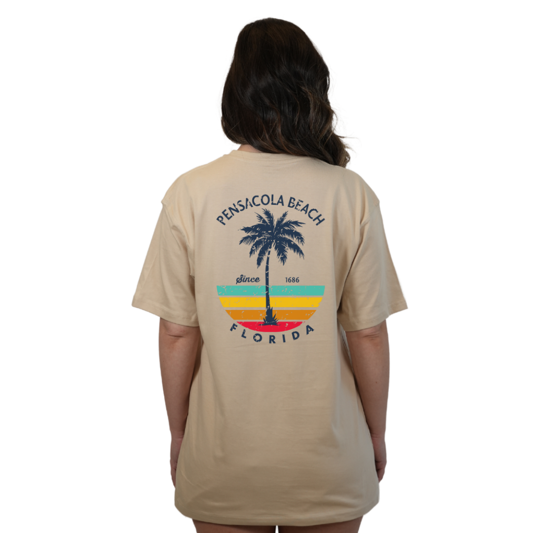 Pensacola Beach  Palm Tree/ Stripes Combed/Cotton Women T-Shirt Style Cc1000