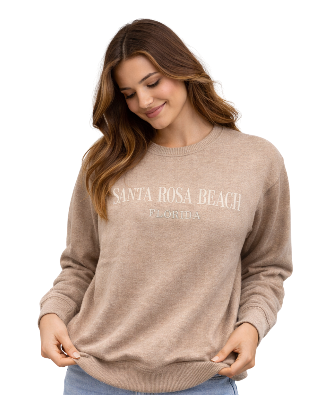 Santa Rosa Beach, Fl Women Nantucket Crewneck – Embroidered City Name Appliqué (Style AP267AI) crewneck alvinsisland.com Sand S