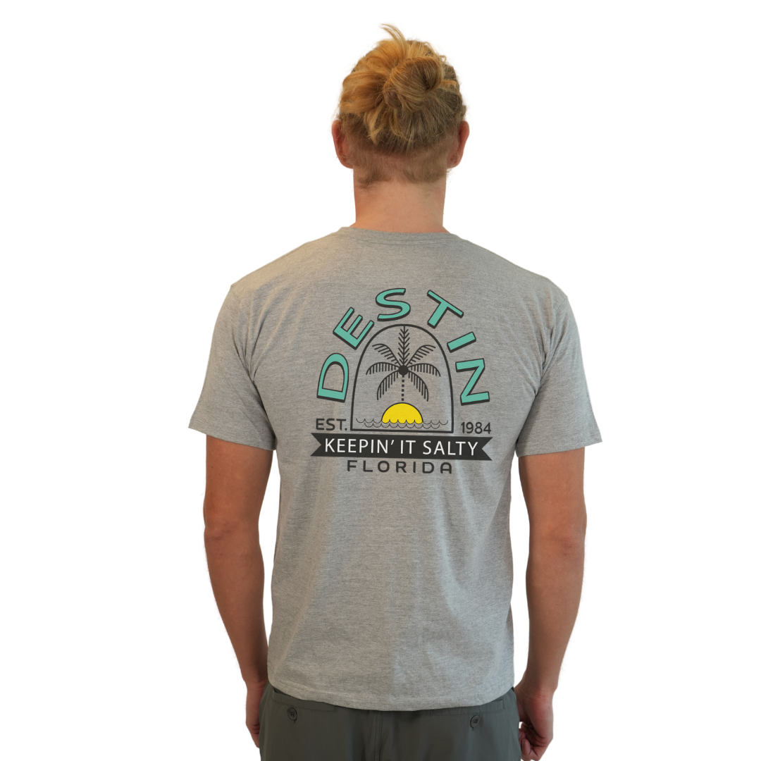 Destin Florida Combed Cotton Men T-Shirt with a Front Pocket Design and back big Palm Tree - Sun Arc Letters Design Style CC1000