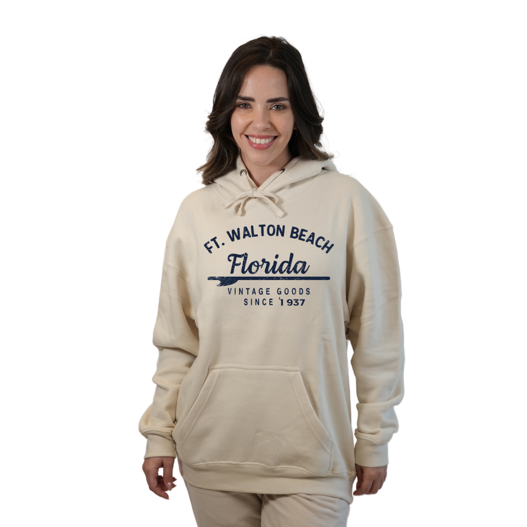 Ft. Walton Beach Pullover Hoodie Women with a Front Arrow Vintage Goods Since 1937 Design Style 252