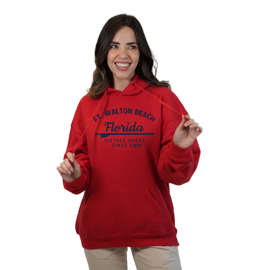 Ft. Walton Beach Pullover Hoodie Women with a Front Arrow Vintage Goods Since 1937 Design Style 252