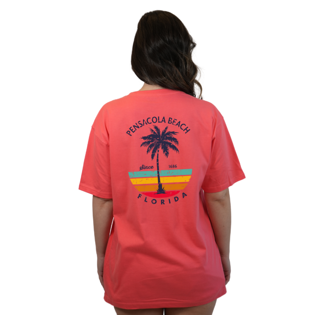 Pensacola Beach  Palm Tree/ Stripes Combed/Cotton Women T-Shirt Style Cc1000