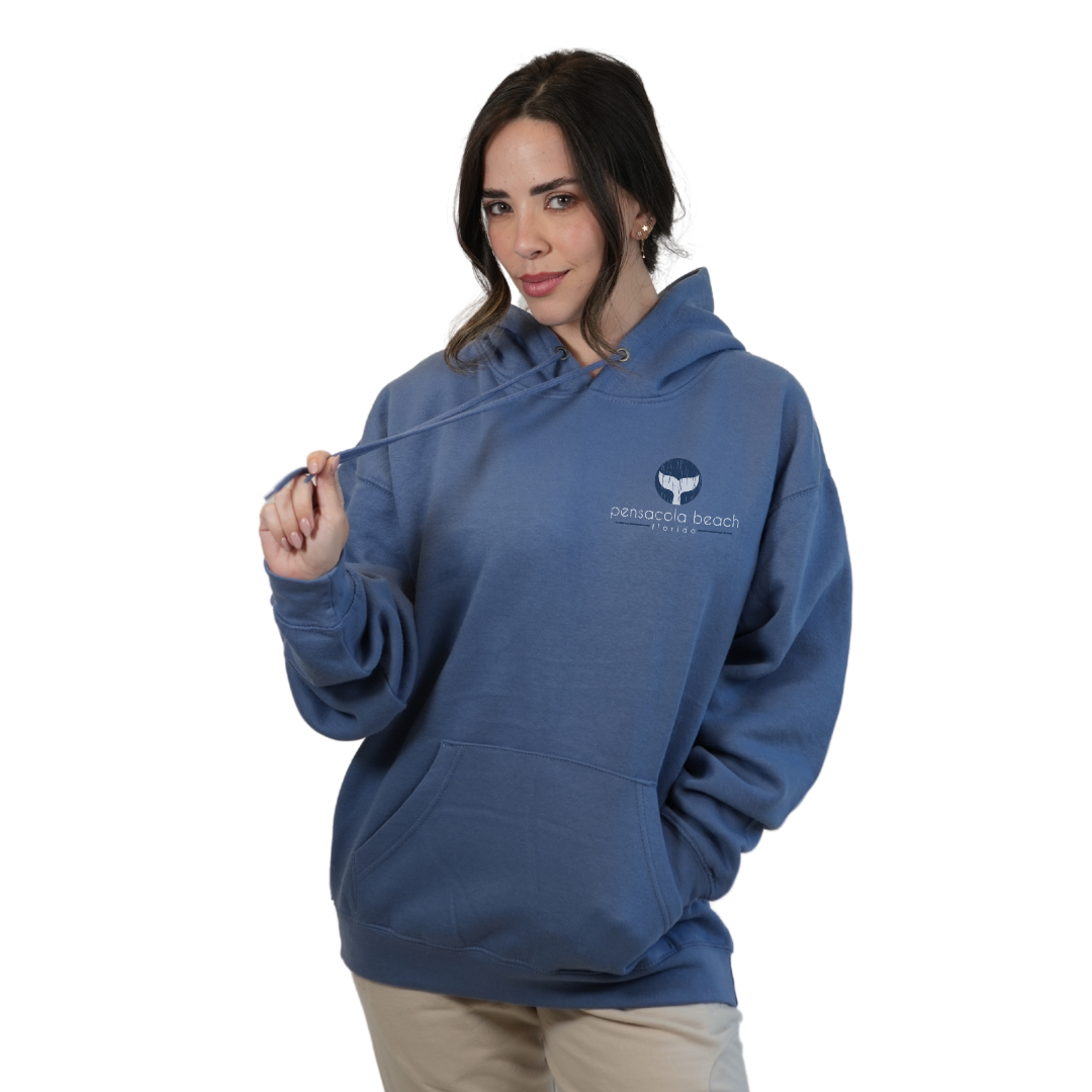 Pensacola Beach Pullover Hoodie Women with front Whale Tale pocket design and back big  Whale Tale Design Style 252