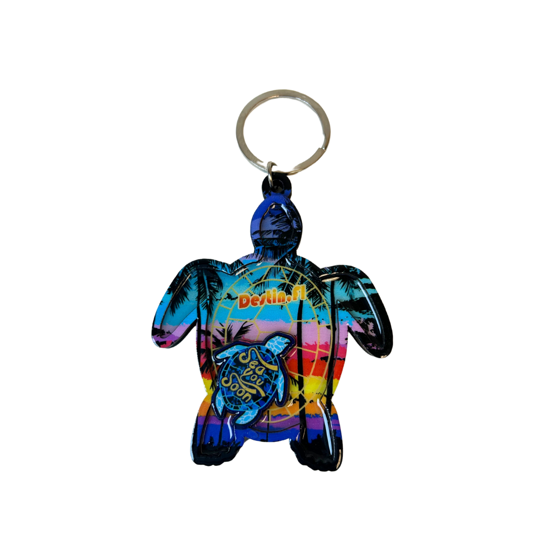 Destin Turtle Two Layer Wood Keychain