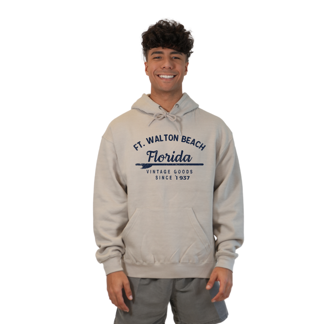 Ft. Walton Beach Pullover Hoodie Men with a Front Arrow Vintage Goods Since 1937 Design Style 252