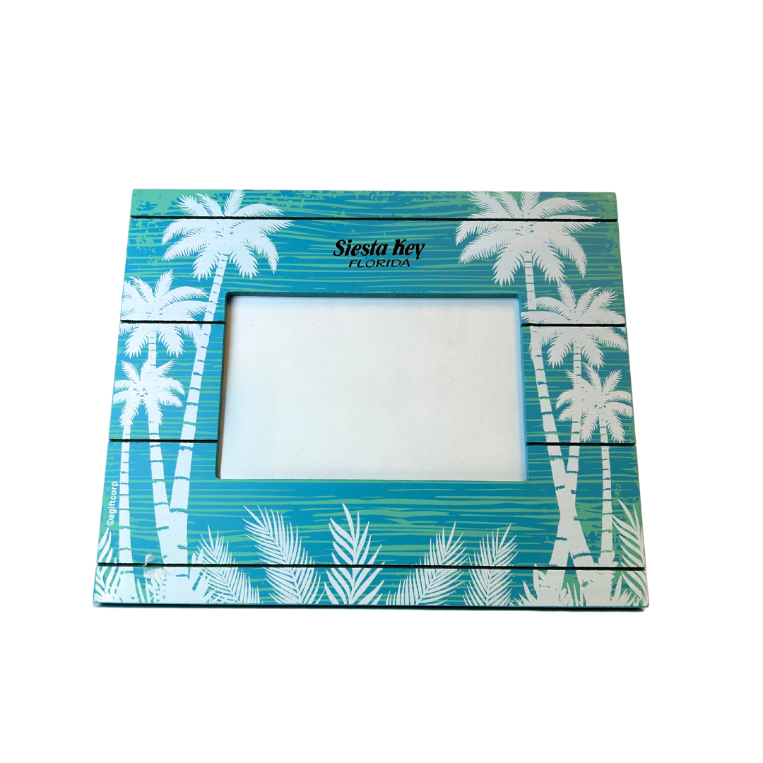 Siesta Key Frame Wood W/White Palm tree Color Turquoise 5.5"3.5"